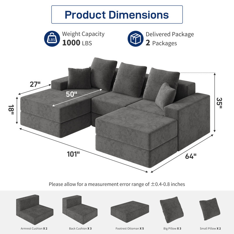 Canapé modulaire à compression en U avec repose-pieds de 101 po avec repose-pieds pour salon, Velours gris velours