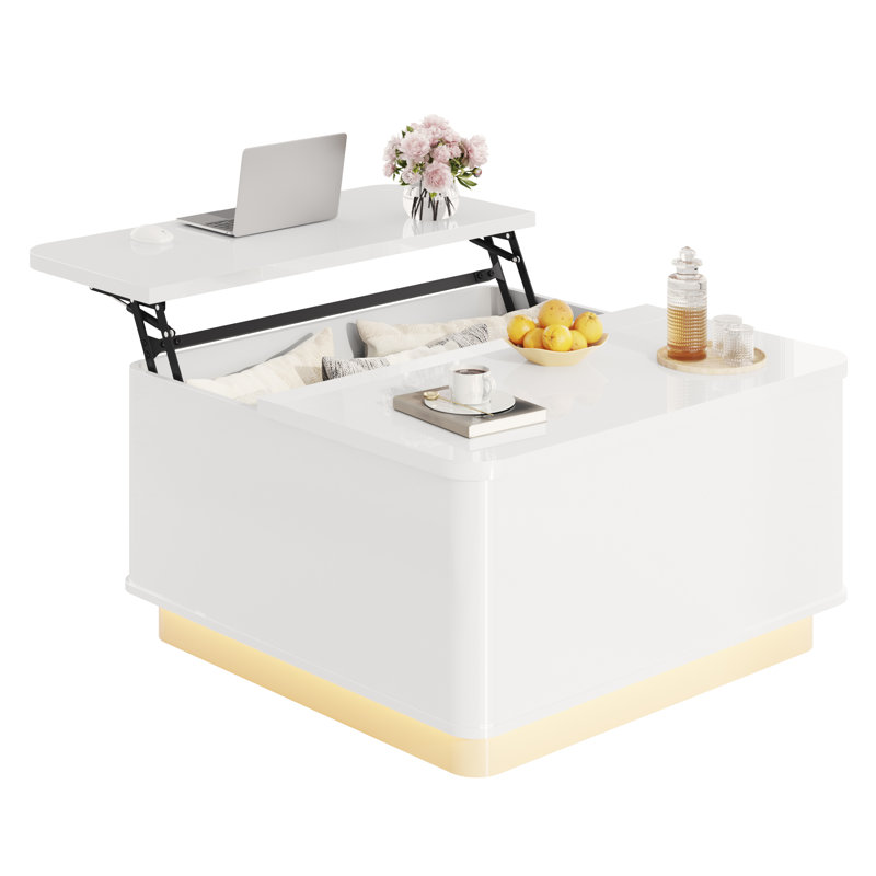 Table basse à plateau relevable moderne de 35 po avec rangement, table basse carrée à DEL avec port de chargement et base de bloc pour le bureau à domicile