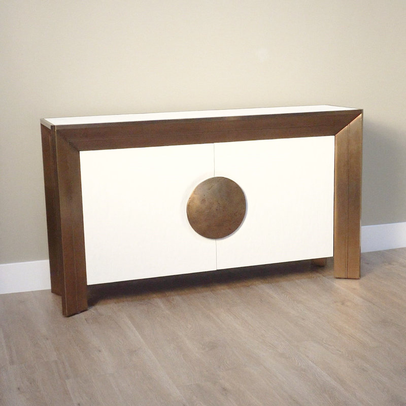 Modern Hardwood and Brass Sheet Console with Adjustable Shelves