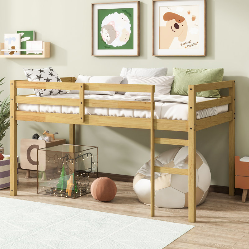 Solid Wooden, Rubber Wooden Twin Loft Bed with Ladder, Bed Platform of Strengthened Slats, Natural, Natural