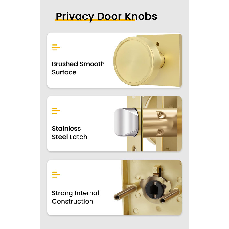 Interior Door Knobs Gold, Zinc-Alloy Brushed Gold Privacy Door Knobs Interior for Bedroom Bathroom, Heavy Duty Square Round Brass Doorknobs - 3 Pack