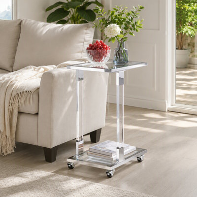 Chrome Glass Side Table, Acrylic End Table, Glass Top C Shape Square Table with Metal Base for Living Room, Bedroom, Balcony Home and Office