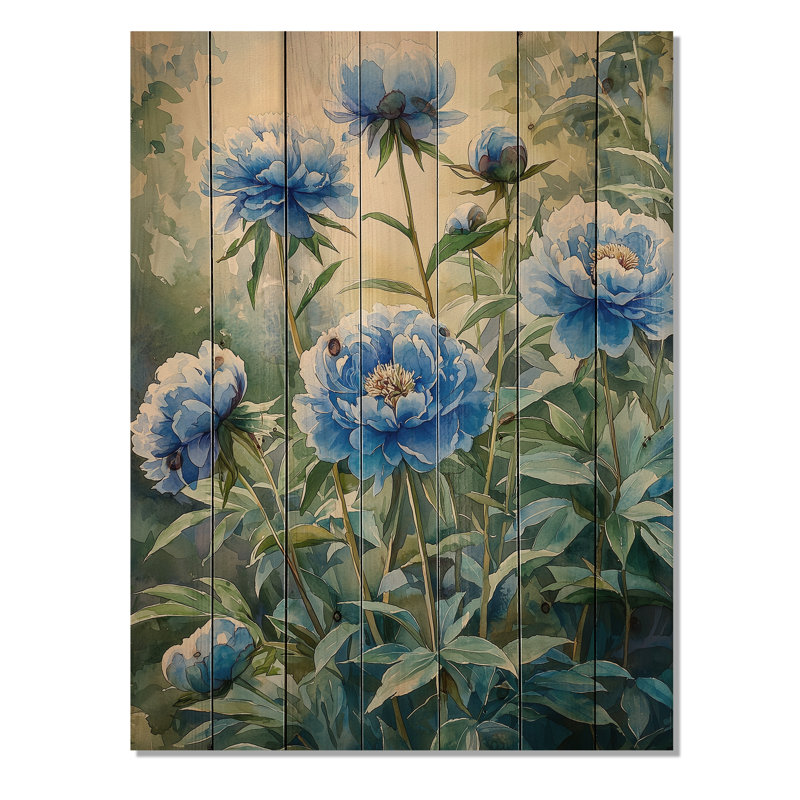 Pivoine bleue turquoise dans le jardin III - Décoration murale en bois de pivoines - sur bois de pin naturel