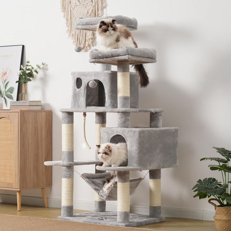 Grand meuble pour arbre à chat à plusieurs niveaux avec poteaux à griffes recouverts de sisal, 2 plus grands condos en peluche, hamac perchoir