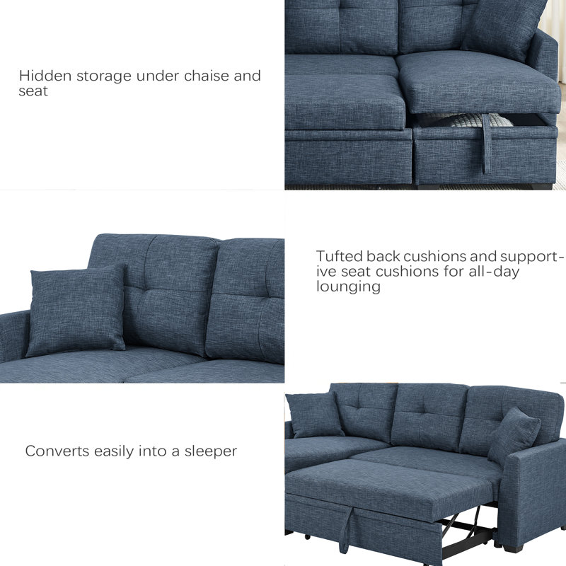 Modular Sleeper Sectional Sofa With Storage, Blue Polyester
