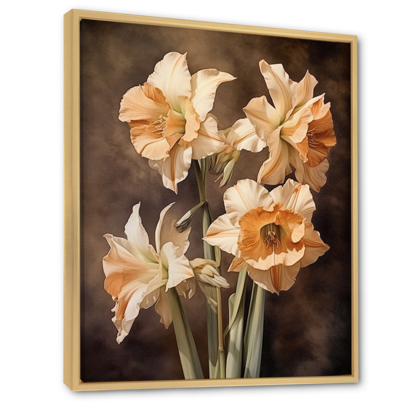 «Brown Green Daffodils Natures Impression», reproduction sur toile, H 44 po x l 34 po x P 1,5 po, Cadre naturel flottant