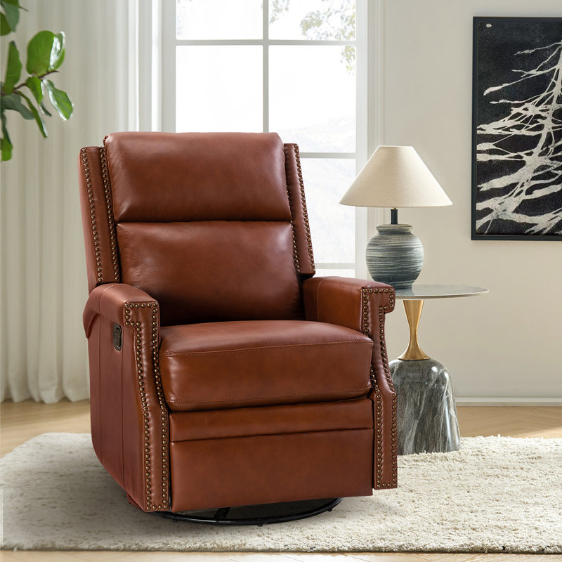 Manning 29.6" Wide Genuine Leather Manual Recliner, Brown Top Grain Leather