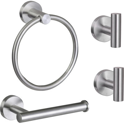 Stainless Steel Bathroom Hardware Set - Includes Towel Ring, Toilet Paper Holder, And 2 Robe Hooks - Durable 304 Stainless Steel With Modern Design