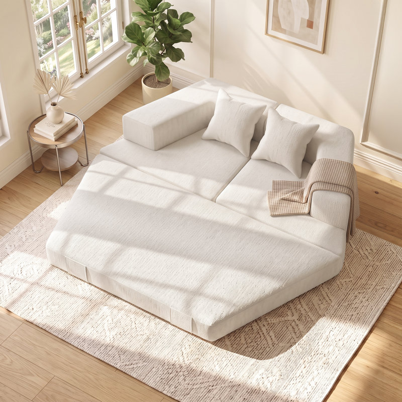Canapé modulable, canapé convertible 2 places à assise profonde et coussins décoratifs, Blanc