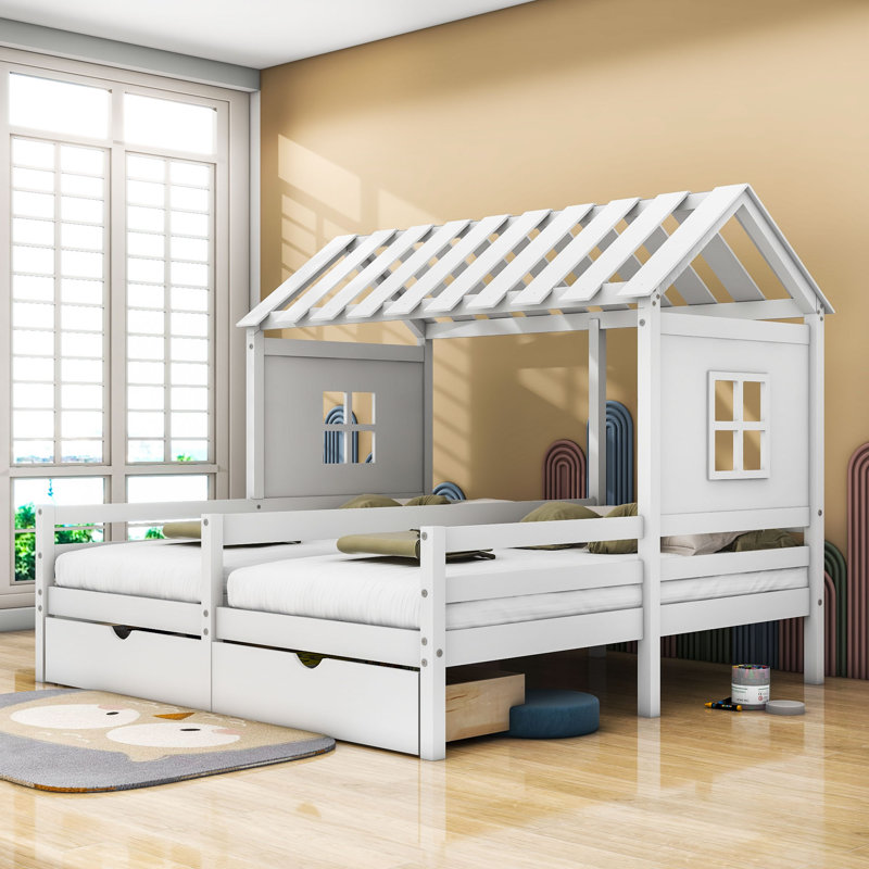 Charleston Twin 2 Drawers Wood Platform Bed with Guardrail, White