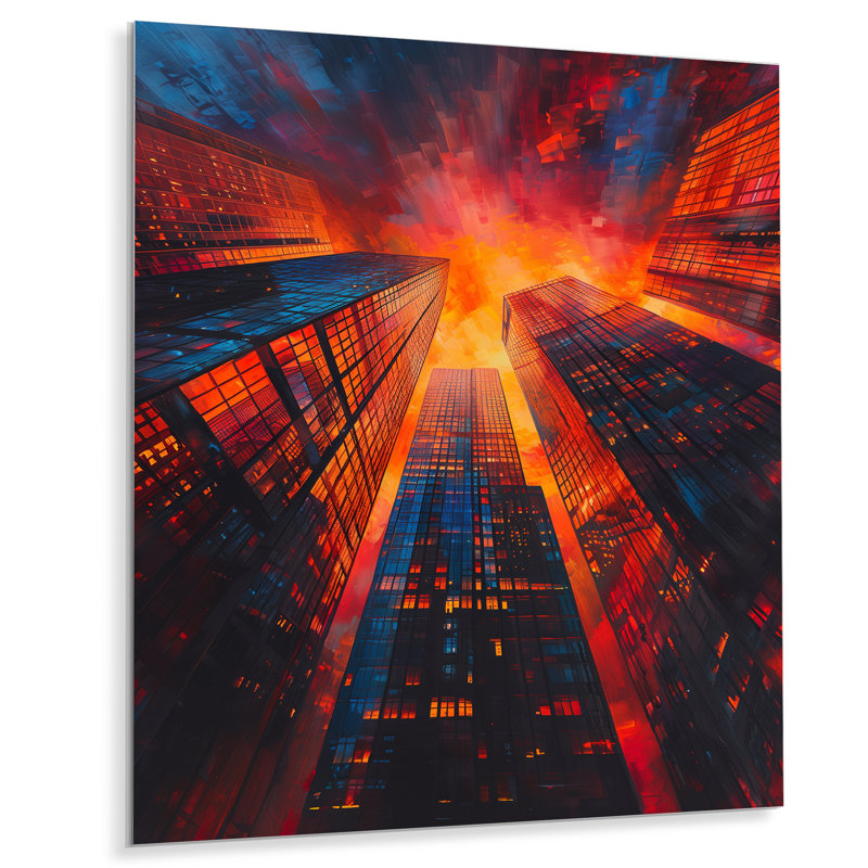 Décorations murales en verre orange gratte-ciel orange - gratte-ciel, H 30 po x l 40 po x P 1,5 po, Métal métal