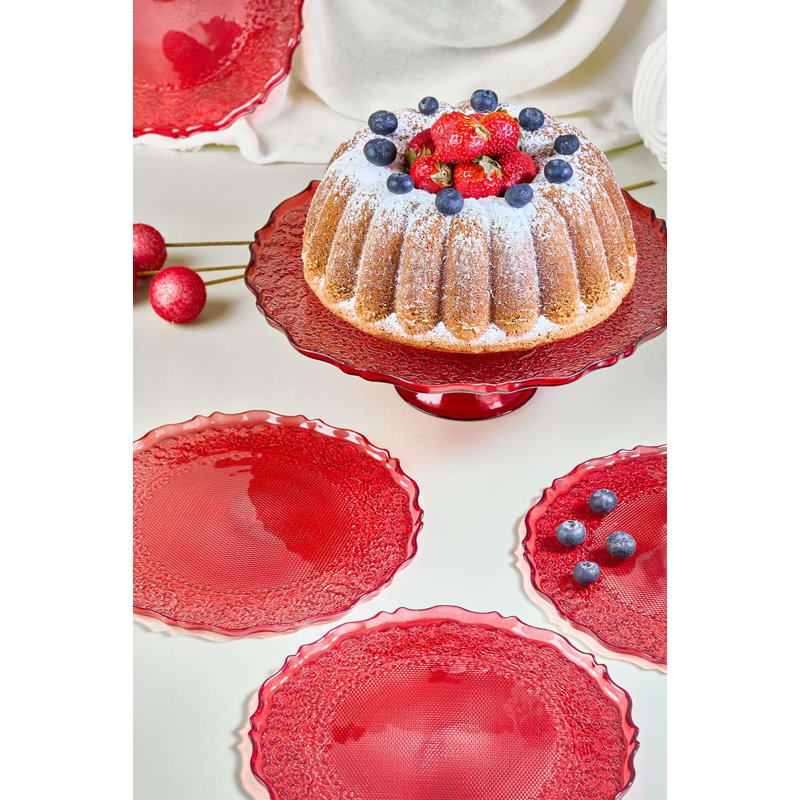 Ensemble d'assiettes à dessert 7 pièces Elegant, verre rouge | Comprend 6 assiettes (8,3 po) et 1 support (11,0 po) | Verre 100% de qualité supérieure, parfait pour les fêtes et les occasions spéciales, design élégant et durable