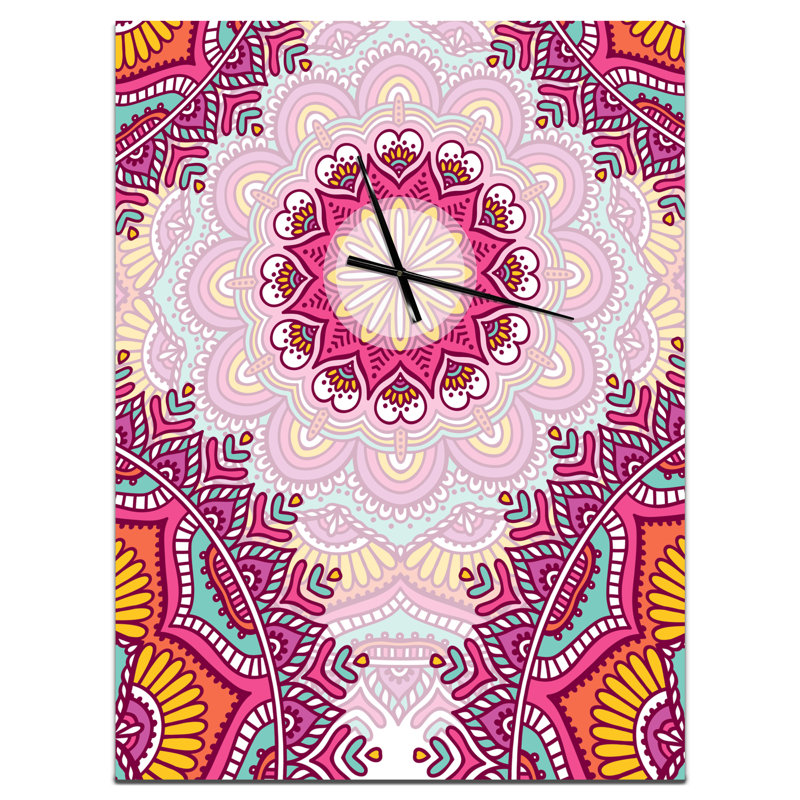 Ethnique floral rose Mandala - horloge murale moderne, H 32 po x l 24 po x P 1 po