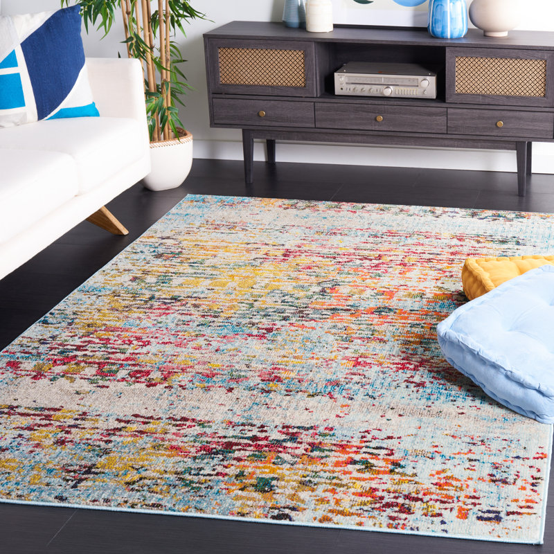 Tapis d'intérieur abstrait fabriqué à la machine en gris / rouge / jaune, Rectangle 5 pi 1 po x 7 pi 7 po