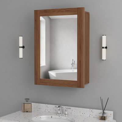 Armoire à pharmacie moderne avec cadre en bois de noyer de 20 po x l 28 po avec miroir, tablettes réglables, porte réversible, murale ou encastrée, entièrement assemblée
