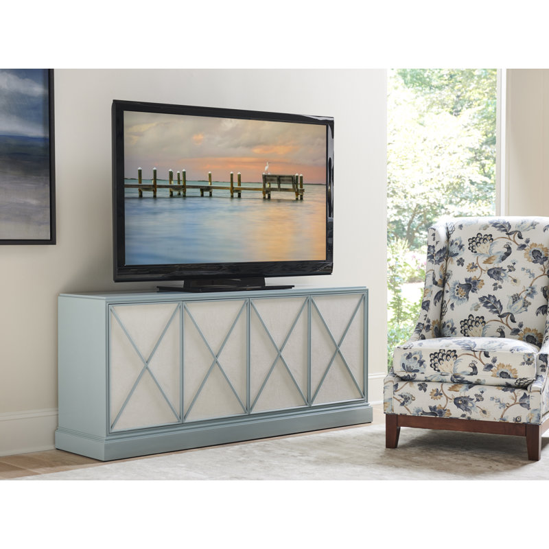 Pale Blue Transitional Media Console with Faux Shagreen Fronts