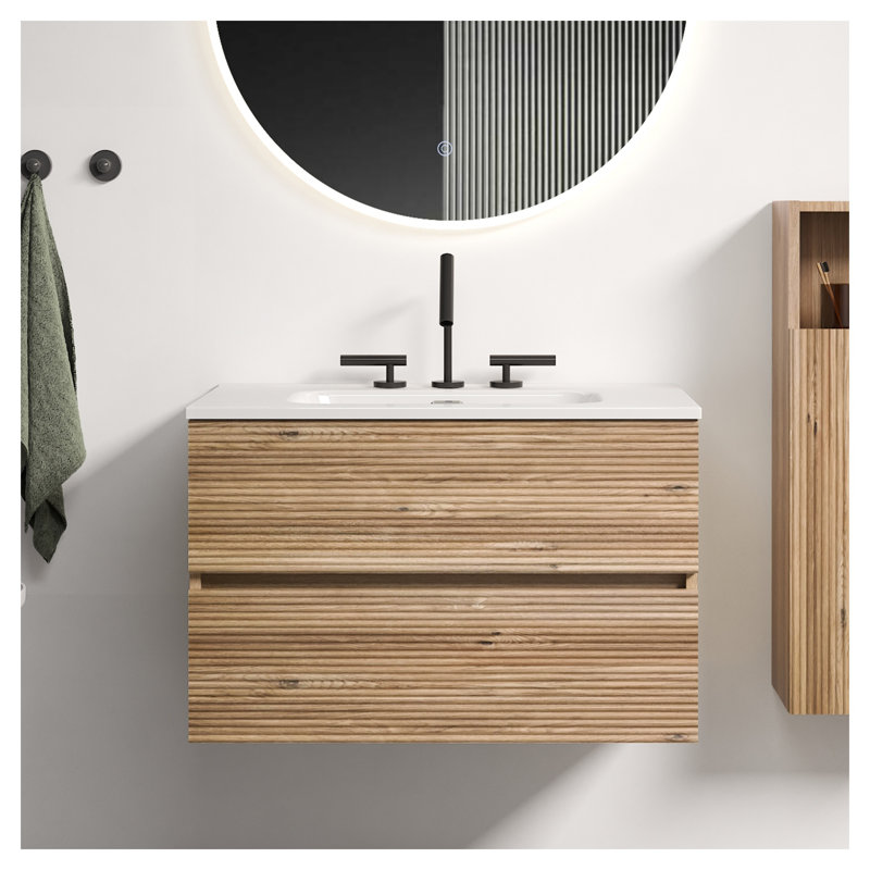 Meuble-lavabo mural 30 po avec finition en chêne brut, lavabo en céramique et armoire en bois aggloméré Gloria