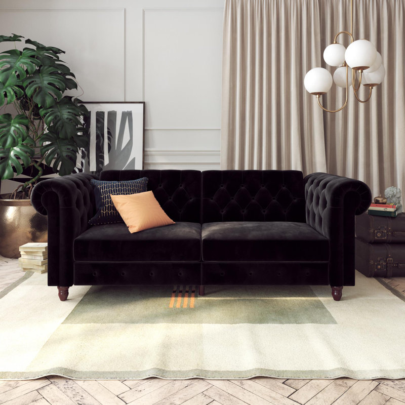 Dimmitt 3 Seater Velvet Sofa, Black Velvet
