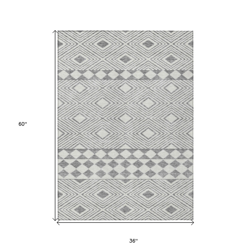 3' X 5' Gray And Ivory Geometric Washable Indoor Outdoor Area Rug