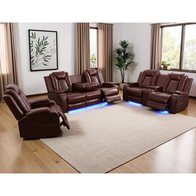 3-Piece Breathing Leather Power Recliner Sofa Set With LED Light,Wireless Charging Station, And Storage Armrest by Ivy Bronx