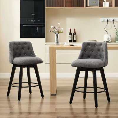 Tabourets de bar pivotants 25 po de 25 po - Gris foncé moderne pour la cuisine. Revêtement en lin et dossier capitonné. Fabrication en bois massif. Pivotement silencieux à 360 °. Pieds réglables aux planchers inégaux. Teinture - Revêtement. Ergono