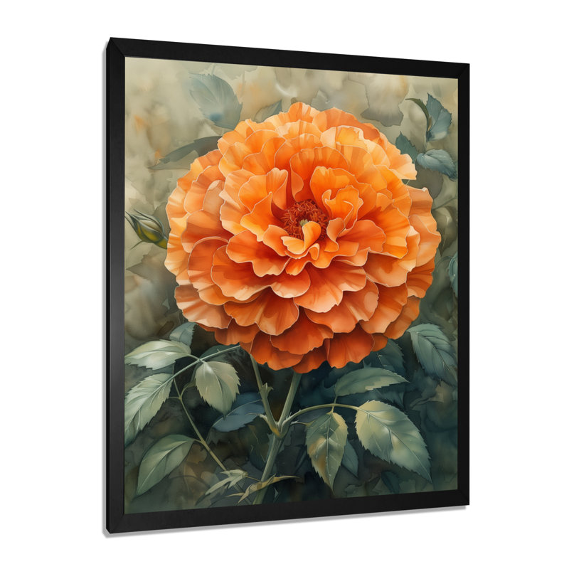 Décoration murale orange et vert parfumée souci Marigold II - souci, H 12 po x l 20 po, Cadre simple noir, bois massif