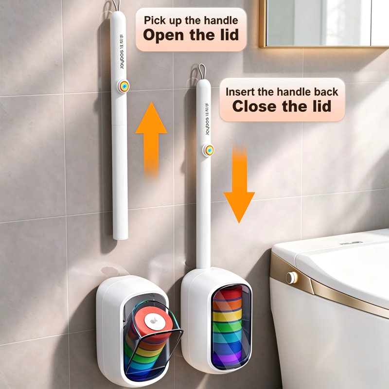 Joybos Disposable Toilet Brush Cleaning System, Rainbow-Button Wand, Auto-Open Wall Mount Caddy, 35 Count Multi-Color Cleaning Heads