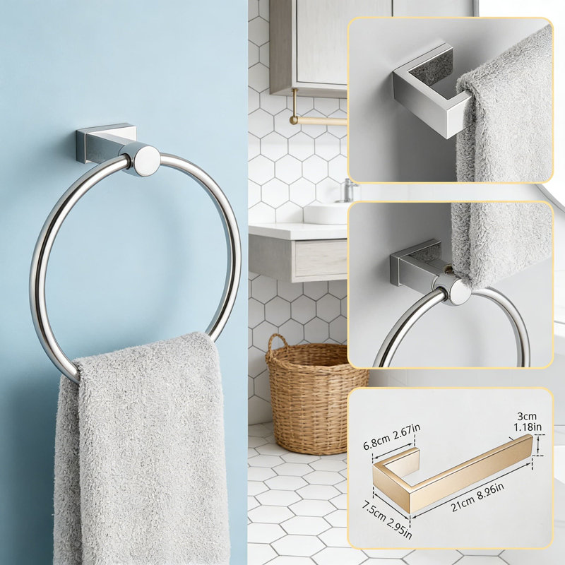 6-Piece Bathroom Hardware Set - Stainless Steel Wall Mounted Towel Bar, Towel Ring, Toilet Paper Holder, And Robe Hooks With Concealed Screw Design