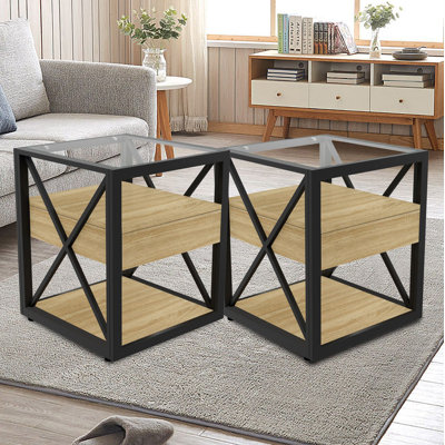 Industrial modern three-tier storage side table set of 2 with tempered glass top, black metal frame, and wood-grain drawers