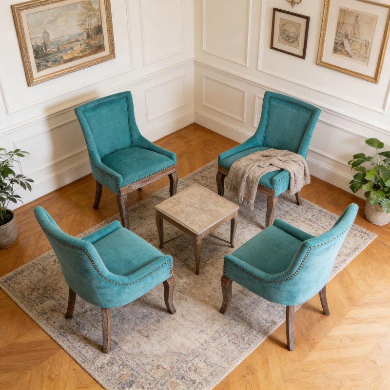 Farmhouse Upholstered Side Chairs Set of 4, Vintage Solid Wood Kitchen Dining Chairs with Nailhead Trim & High Back Support, 350lbs Weight Capacity