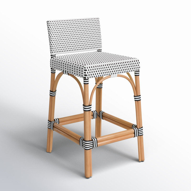 Serienna Blue & White Rattan Low Back Counter Stool, White/Navy Dot, Counter Stool 24" Seat Height