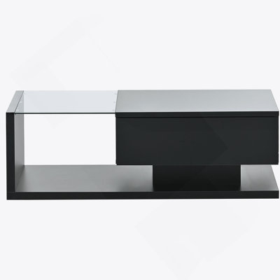 Coffee Table With Tempered Glass, Wooden Cocktail Table With High-Gloss UV Surface