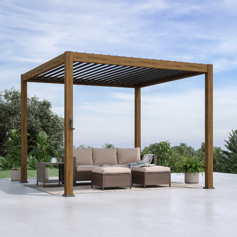 Aluminum Pergola with Adjustable Louvers for Outdoor with Rainproof Canopy, 10 ft x 10 ft, Wood Grain