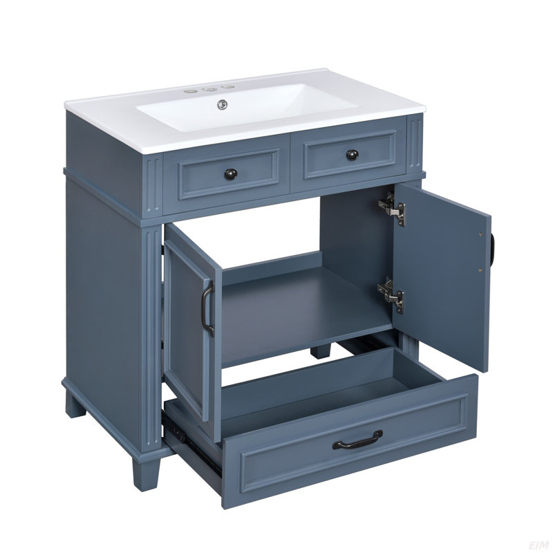 Meuble-lavabo de 30 po avec lavabo en céramique, armoire de rangement en bois massif avec portes à fermeture douce, Bleu