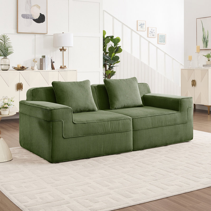 Canapé modulaire à 2 places sans siège, canapé modulaire Cloud avec assise profonde et canapé modulaire moderne à 2 places avec coussins décoratifs Tissu velours côtelé vert