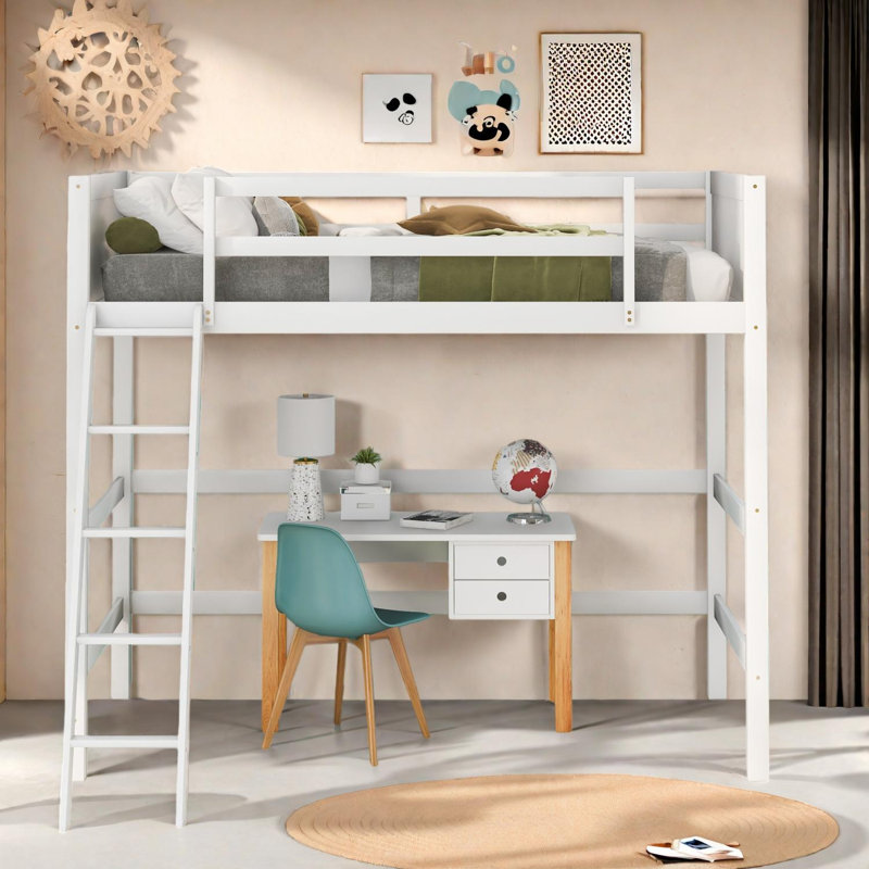 Lit mezzanine simple en bois massif avec échelle, Blanc