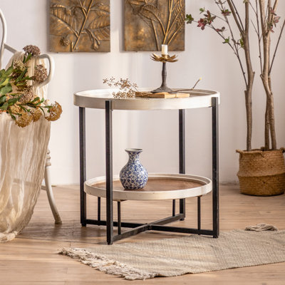 Table de bout à plateau rond de style moderne et campagnard de 23,2 po avec rangement double couche pour le salon et la chambre à coucher