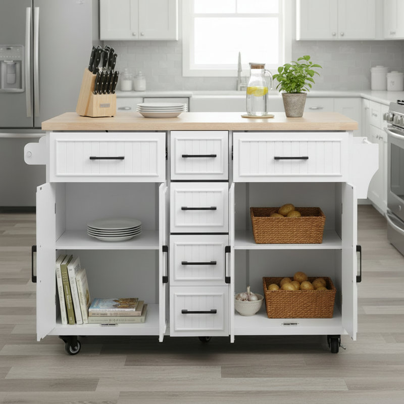 White Embossed Striped Island Counter With Wheels, Folding Tabletop, Power Outlet, 4 Doors, 5 Deep Drawers, Adjustable Shelves, Suitable For Kitchen And Dining Room.