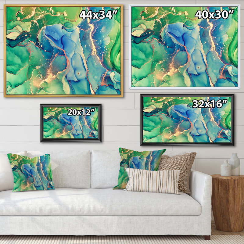 «Blue and Green Abstract Abstract Art II», reproduction sur toile, H 34 po x l 44 po, Cadre flottant doré