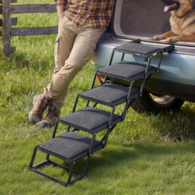 Escalier pour chien de voiture, rampe pliable extra large à 5 marches pour grands chiens avec surface antidérapante, supporte jusqu'à 90 kg, échelle légère et portable pour animaux de compagnie pour voiture, VUS, camion, lits hauts, canapés