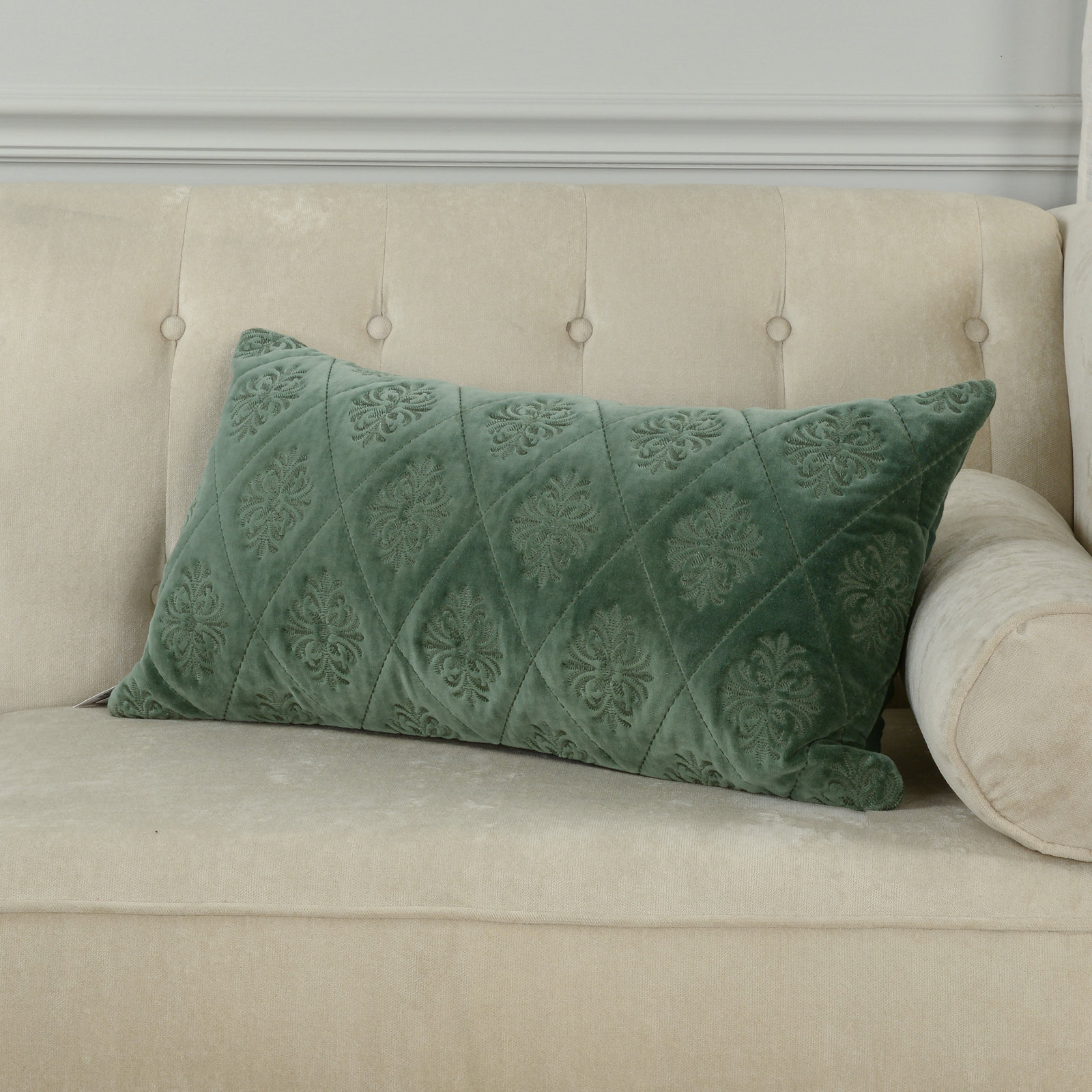 Cotton Lumbar Pillow, Green, Polyester