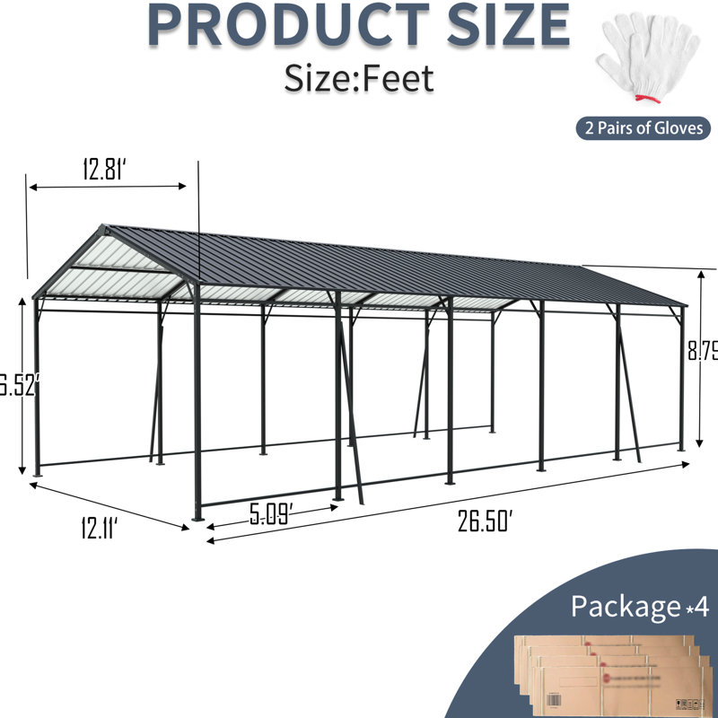 Heavy Duty, 13*26.5 Ft, Metal Carport, Galvanized Roof, Powder - Coated Frame, 4 Fixed Supports, Stability, Weather , Vehicles, Events, Gray Color, Easy To Put Together Ft Carport With Steel