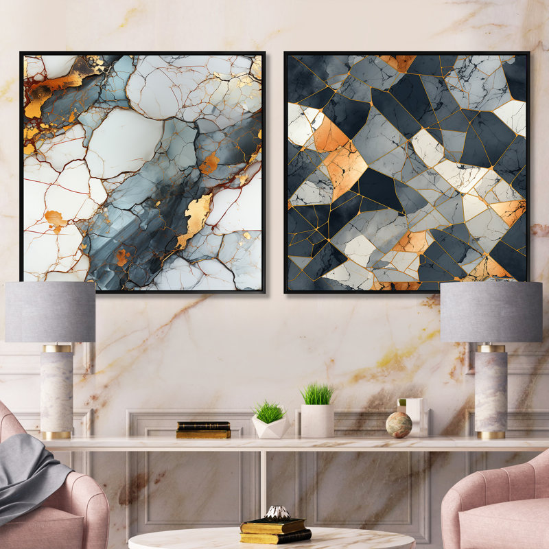 Ensemble de 2 collages carrés gris et gris, Cadre flottant noir, H 16 po x l 33 po