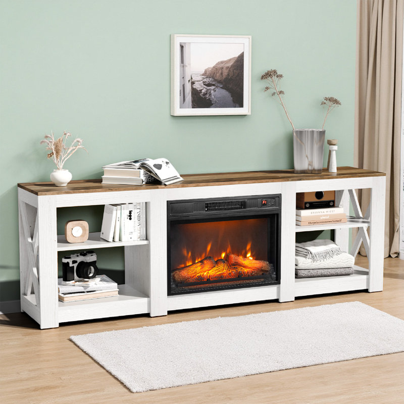 Farmhouse 70'' TV Stand For Tvs Up To 70'' With 23'' Electric Fireplace And Adjustable Shelves, White/Oak