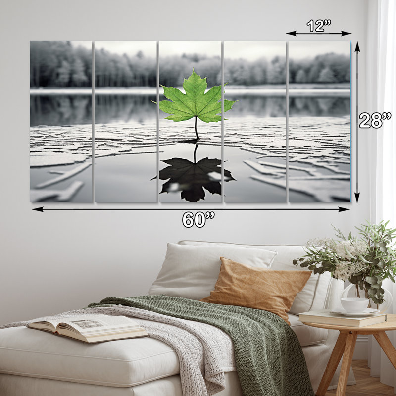«Green Leaves Solitude In Winter I», impression d'art mural paysage d'hiver - 5 panneaux égaux