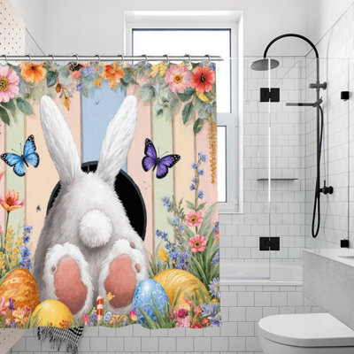 Multicolor Easter Bunny Floral Bathroom Shower Curtains, 72"L x 72"W