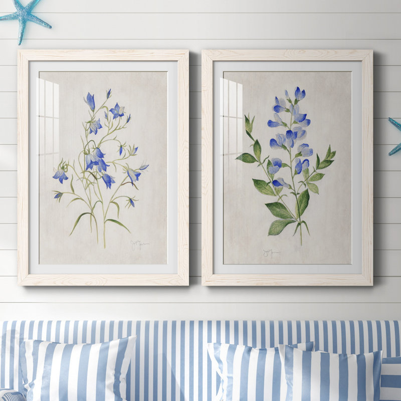 «Blue Botanical I», ensemble de 2 reproductions d'art, Blanc, Papier encadré blanc, H 44 po x l 31 po x P 1 po
