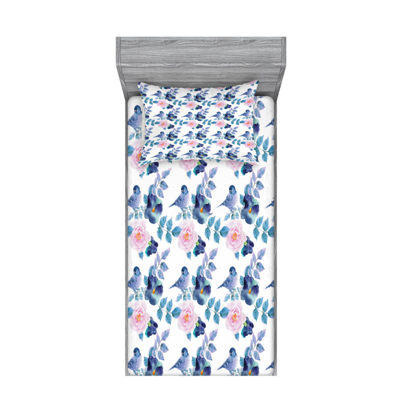 Microfiber Sheet Set, Twin Sheet Set with Fitted Sheet, Spring Birds Sparrows with Branches Floral