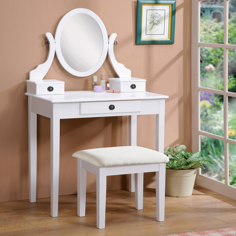 Ensemble de coiffeuse et tabouret en bois Moniya, White