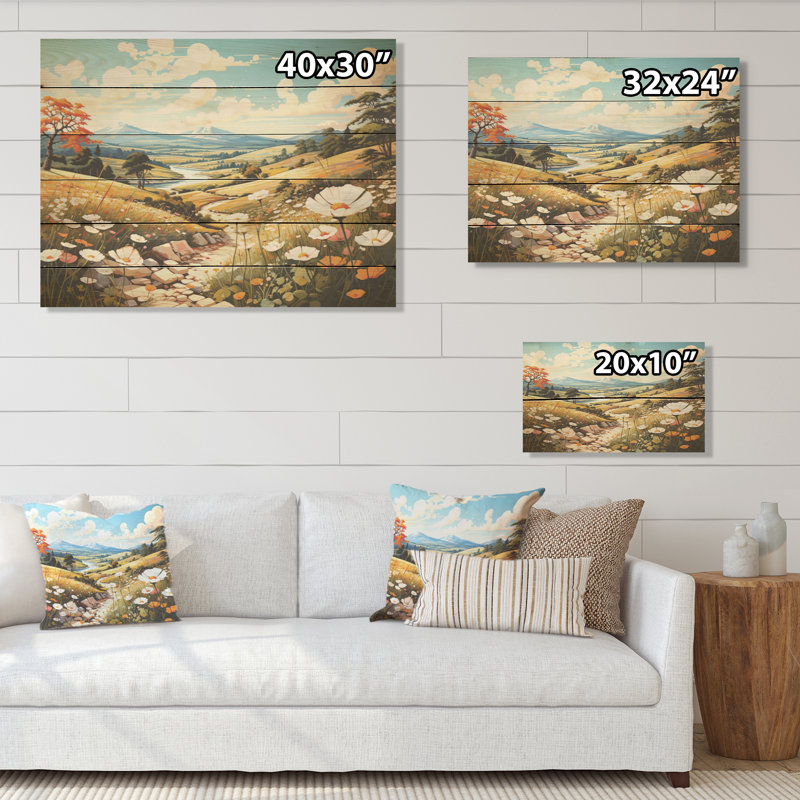 «Ephemeral Serenity Meadow», art mural sur bois de pin naturel, H 10 po x l 20 po